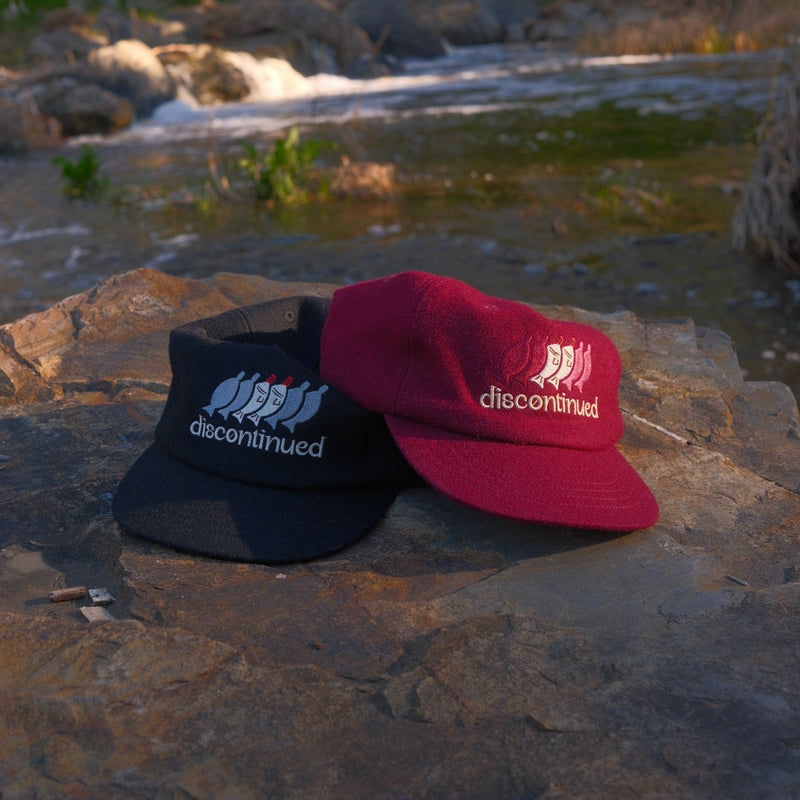 Black and red discontinued caps on a rock by a creek